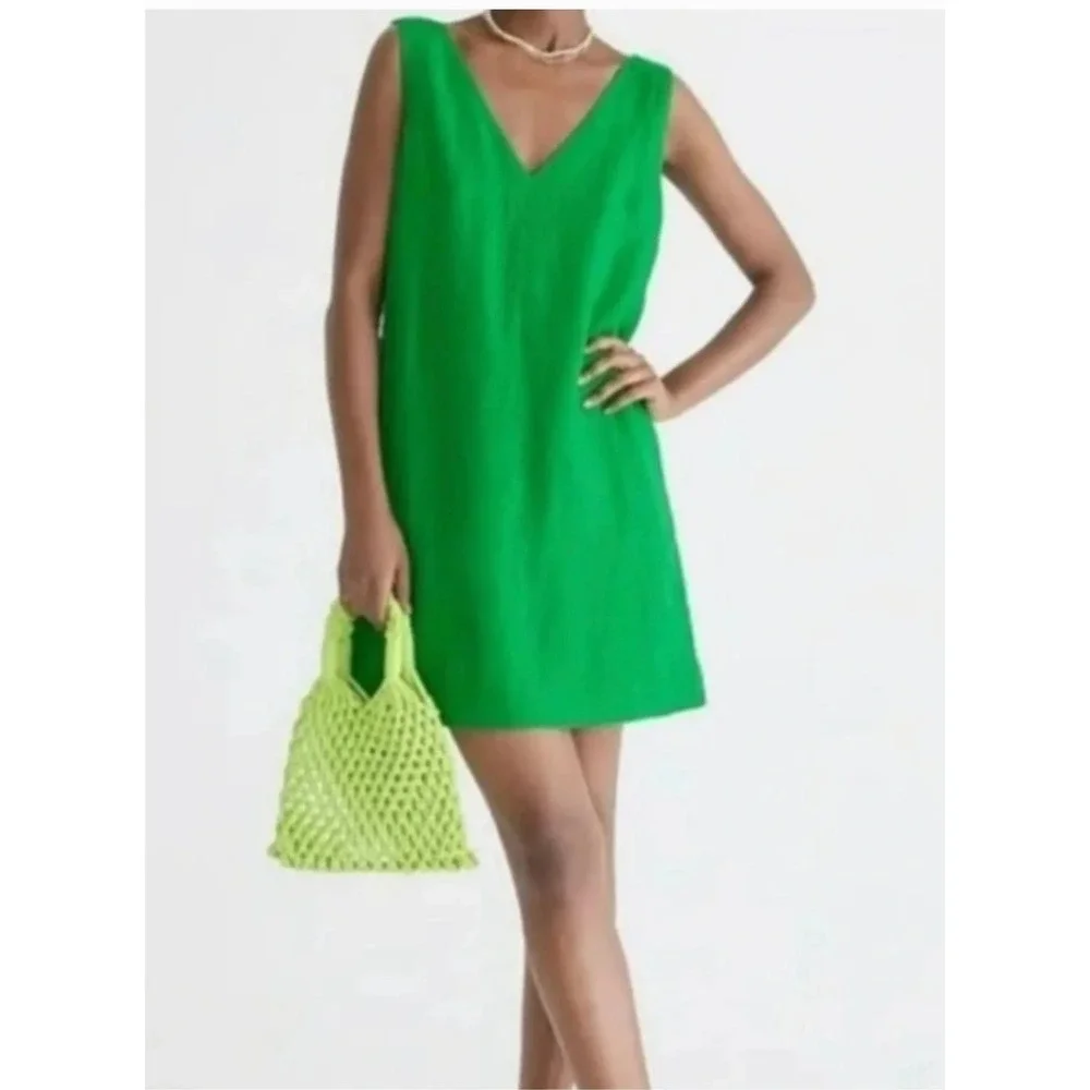 J. Crew Maxine V-neck Shift Dress Women Medium Green Linen Sleeveless